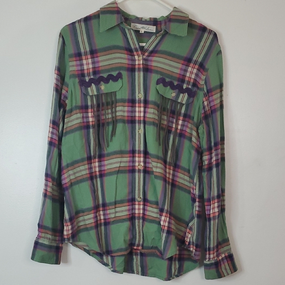 Cierra Lauren Plaid Fringe Embroidered Flannel Size Large Big Back Patch